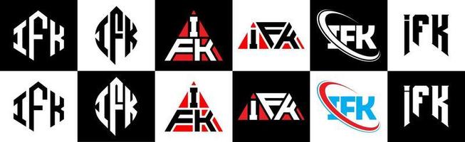 création de logo de lettre ifk en six styles. ifk polygone, cercle, triangle, hexagone, style plat et simple avec logo de lettre de variation de couleur noir et blanc dans un plan de travail. ifk logo minimaliste et classique vecteur