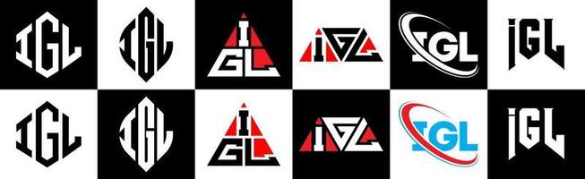 création de logo de lettre igl en six styles. polygone igl, cercle, triangle, hexagone, style plat et simple avec logo de lettre de variation de couleur noir et blanc dans un plan de travail. logo minimaliste et classique igl vecteur