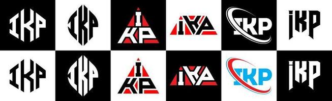 création de logo de lettre ikp en six styles. polygone ikp, cercle, triangle, hexagone, style plat et simple avec logo de lettre de variation de couleur noir et blanc dans un plan de travail. logo minimaliste et classique ikp vecteur