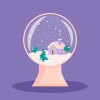 boule à neige de noël avec arbres, maison et neige. boule de cristal. illustration vectorielle plane. vecteur