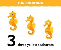 jeu éducatif pour les enfants amusant compter trois hippocampe orange feuille de travail sous-marine imprimable vecteur