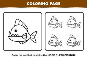 jeu d'éducation pour les enfants coloriage plus ou moins image de dessin animé mignon piranha dessin au trait ensemble feuille de travail sous-marine imprimable vecteur