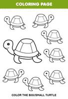 jeu d'éducation pour les enfants coloriage grande ou petite image de dessin au trait tortue dessin animé mignon feuille de travail sous-marine imprimable vecteur