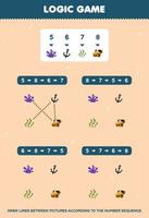 jeu éducatif pour les enfants tracer des lignes selon les séquences de nombres de dessin animé mignon ancre de corail algues images de coffre au trésor feuille de travail sous-marine imprimable vecteur