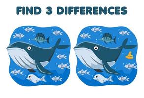 jeu éducatif pour les enfants trouver trois différences entre deux baleines de dessin animé mignon avec une feuille de travail sous-marine imprimable de béluga et de poisson vecteur