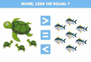 jeu éducatif pour les enfants plus moins ou égal compter la quantité de dessin animé mignon tortue et poisson feuille de travail sous-marine imprimable vecteur