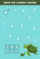 jeu éducatif pour les enfants aidez la tortue de dessin animé mignon à dessiner les formes correctes selon le numéro feuille de travail sous-marine imprimable vecteur