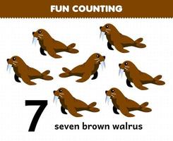 jeu éducatif pour les enfants amusant compter sept feuille de travail sous-marine imprimable morse brun vecteur