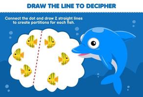 jeu éducatif pour les enfants aider les dauphins à tracer les lignes pour séparer chaque feuille de travail sous-marine imprimable de poisson jaune vecteur