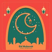 bannière de dessin animé joyeux eid al fitr avec illustration de fond mignon lanterne croissant de lune vecteur