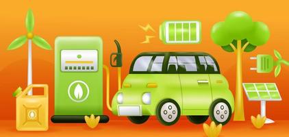 énergie verte. Illustration 3d d'une voiture électrique, d'une station-service, d'un panneau solaire, d'une éolienne et d'une batterie vecteur