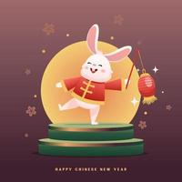 année chinoise du personnage de dessin animé de lapin tenant une lanterne sous la lune décoration de style asiatique pour le fond de la bannière vecteur