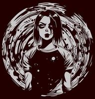 croquis d'horreur psychédélique fille gothique et aquarelle goutte à goutte. isolé dans le sang rouge, illustration vectorielle. vecteur