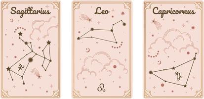 les symboles du zodiaque sagittaire lion et capricorne entourent les styles nuages, étoiles, luxe, ésotérique et bohème. convient aux lecteurs de tarot paranormaux et aux astrologues. icônes de symboles élégants de l'horoscope ésotérique vecteur