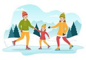 hommes, femmes et enfants patinant sur la patinoire portant des vêtements d'hiver pour les activités de plein air dans l'illustration de modèles dessinés à la main de dessin animé plat vecteur