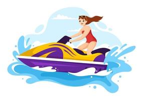 les gens font du jet ski illustration loisirs de vacances d'été, sports nautiques extrêmes et activité de plage de villégiature dans le modèle de dessin animé plat dessiné à la main vecteur