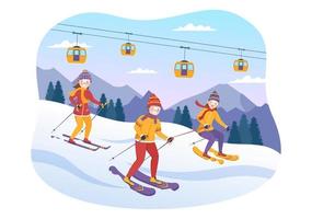 illustration de ski avec des skieurs glissant près de la montagne descendant dans la station de ski dans les activités de sports d'hiver plats modèles dessinés à la main de dessin animé vecteur