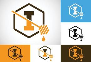 lettre initiale i avec illustration vectorielle de conception de logo d'abeilles en nid d'abeille. emblème de police logo miel vecteur