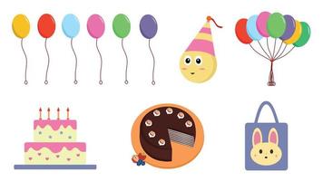 illustration d'icône d'anniversaire avec gâteau, ballon, gâteau de crêpe, chapeau conique et sac de cadeaux vecteur