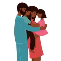 illustration vectorielle d'une famille afro-américaine heureuse, mère père fille fils se tenant la main et se serrant dans ses bras, vecteur complet de famille prospère