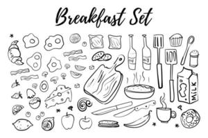 éléments dessinés à la main liés au thème de la cuisine du petit déjeuner, des petits déjeuners au restaurant et au café, des petits déjeuners à l'hôtel. vecteur