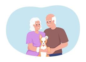 joyeux couple de retraités avec chiot dans les mains illustration vectorielle 2d isolée. relations fortes personnages plats sur fond de dessin animé. scène modifiable colorée pour mobile, site Web, présentation vecteur