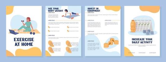 modèle de brochure de vecteur plat d'exercice à la maison. livret d'entraînement, dépliant imprimable en couleurs plates. page de magazine modifiable, kit de rapports avec espace texte