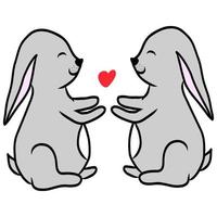 joli couple de lapins dessinés à la main amoureux, clipart doodle avec deux lapins et coeur rouge entre, impression pour la décoration de mariage, conception de couverture, logo, icône web, autocollant, illustration de tatouage isolé sur blanc vecteur