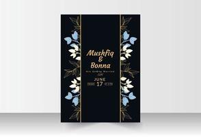 carte de mariage dorée avec fond noir, art floral bleu, doré et blanc vecteur