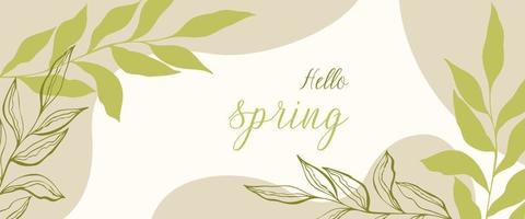 bonjour bannière de fond de printemps avec feuilles botaniques, heure de printemps ou d'été. modèle vecteur