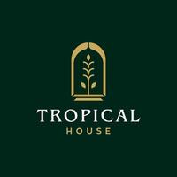 logo de maison dorée de palmier, feuille tropicale avec illustration d'icône vectorielle de logo d'arche de niche dans un style de ligne minimal géométrique pour les affaires de vacances d'hôtel de vacances vecteur