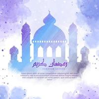 belle illustration vectorielle aquarelle ramadan kareem avec police arabe et mosquée vecteur