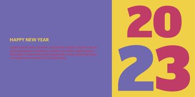 bannière, flyer, carte de voeux et modèle de publication médiatique du nouvel an 2023. dans les couleurs violettes, jaunes et rouges. vecteur