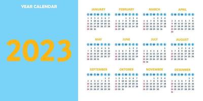 Année civile 2023, vecteur. la semaine commence le dimanche. modèle de calendrier annuel 2023. conception de calendrier dans les couleurs bleus, jaunes et blancs. vecteur
