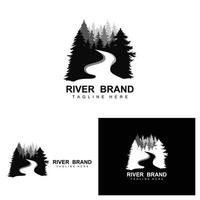 création de logo de rivière, vecteur de ruisseau de rivière, illustration au bord de la rivière avec une combinaison de montagnes et de nature, marque de produit