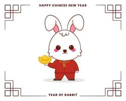 carte de voeux joyeux nouvel an chinois 2023 avec un joli lapin portant un costume traditionnel. lapin tenant un lingot d'or. année de lapin. vecteur