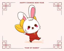 carte de voeux joyeux nouvel an chinois 2023 avec un joli lapin portant un costume traditionnel. lapin tenant un lingot d'or. année de lapin. vecteur