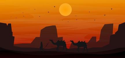 coucher de soleil de la vallée du désert avec illustration de chameaux vecteur