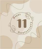 11e anniversaire, logo minimaliste. illustration vectorielle marron sur la conception de modèle de feuillage minimaliste, feuilles dessin à l'encre d'art en ligne avec arrière-plan abstrait vintage. vecteur