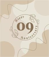 09e anniversaire, logo minimaliste. illustration vectorielle marron sur la conception de modèle de feuillage minimaliste, feuilles dessin à l'encre d'art en ligne avec arrière-plan abstrait vintage. vecteur