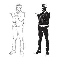 bel homme d'affaires professionnel indiquant le style de dessin au trait des doigts, l'homme debout croquis linéaire noir isolé sur fond blanc, la meilleure illustration vectorielle de l'homme. vecteur