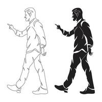 le doigt de l'homme en colère indique le style de dessin au trait, l'homme esquisse le linéaire noir isolé sur fond blanc, l'illustration vectorielle de l'homme en colère au trait. vecteur