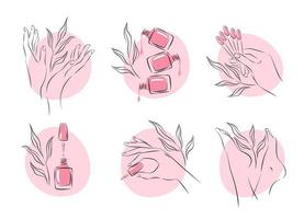 ensemble d'éléments et d'icônes pour nail studio. vernis à ongles, brosse à ongles, mains et jambes féminines manucurées. illustrations vectorielles vecteur