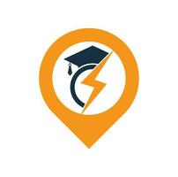 modèle de logo vectoriel de concept de forme de broche de carte d'éducation de tonnerre. logo de l'éducation avec chapeau de graduation et icône de tonnerre
