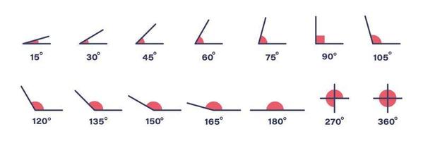 jeu d'icônes de degré d'angle. angle 15, 30, 45, 60, 75, 90, 105, 120, 135, 150, 165, 180, 270 et 360 degrés jeu d'icônes. élément de conception géométrique mathématique. mathématiques, concept géométrique. vecteur