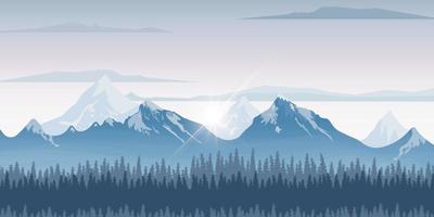 magnifique paysage de montagne enneigé. paysage de montagnes d'hiver avec pins et collines. lever ou coucher du soleil. illustration vectorielle vecteur