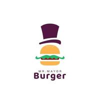 monsieur le maire street food burger logo hamburger avec chapeau de maire et illustration d'icône de style dessin animé moustache vecteur