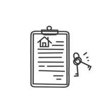 presse-papiers de document de contrat de formulaire de maison de doodle dessiné à la main et vecteur d'illustration clé