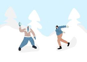 femme et un homme jouent un jeu amusant de boules de neige en illustration vectorielle de paysage de neige d'hiver. personnages d'amis de dessin animé jouant à l'extérieur, profitant du froid glacial. concept d'activité saine d'hiver vecteur