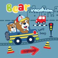 ours conduisant une voiture à la ville dessin animé drôle d'animal vecteur